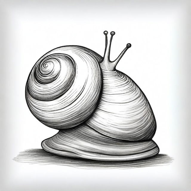 This is a charming black and white pencil drawing of a cute snail