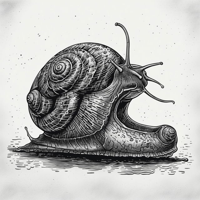 A charming black and white digital illustration of a cute snail with a large, spiraling shell