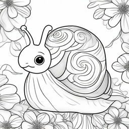 This is a charming black and white illustration, featuring a cute snail