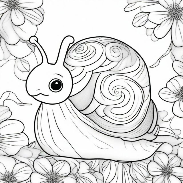 This is a charming black and white illustration, featuring a cute snail