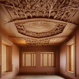 A traditionally designed art museum lounge, featuring a large bay window providing tranquil natural light and an intricate wooden khatamband ceiling.