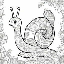 This is a charming black and white illustration, featuring a cute snail