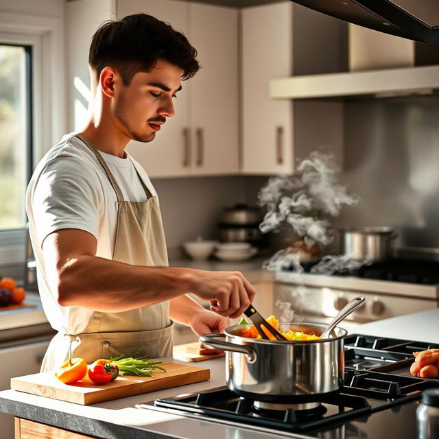 A young man passionately cooking in a modern kitchen, focused on preparing a delicious meal