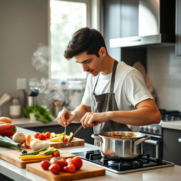 A young man passionately cooking in a modern kitchen, focused on preparing a delicious meal