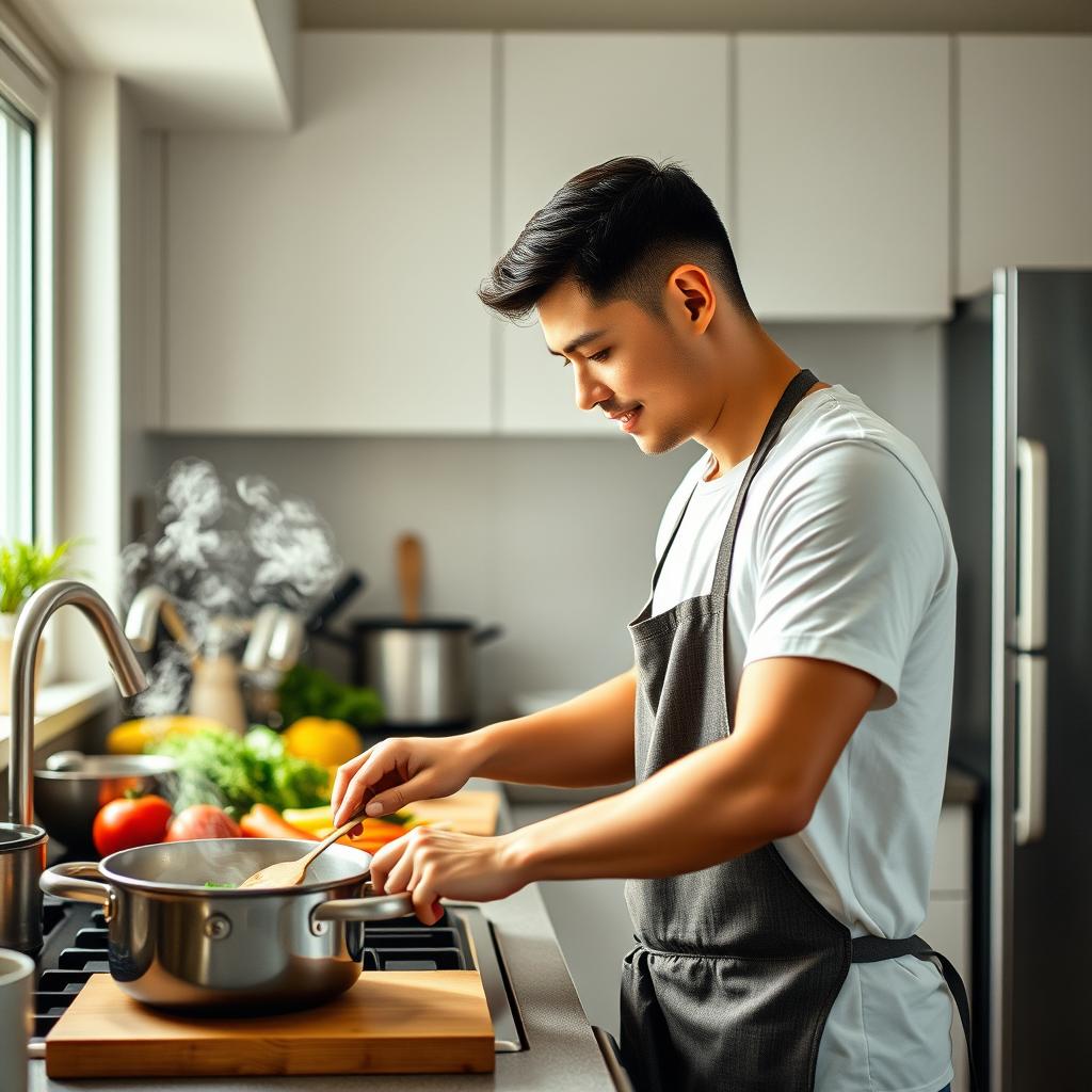 A young man passionately cooking in a modern kitchen, focused on preparing a delicious meal