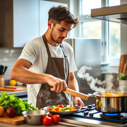 A young man passionately cooking in a modern kitchen, focused on preparing a delicious meal