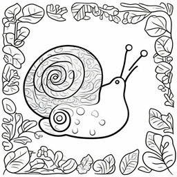 This is a charming black and white illustration, featuring a cute snail