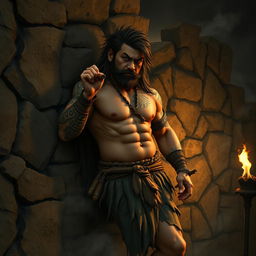 A rugged barbarian with a muscular build, leaning against a weathered stone wall, smoking a cigar