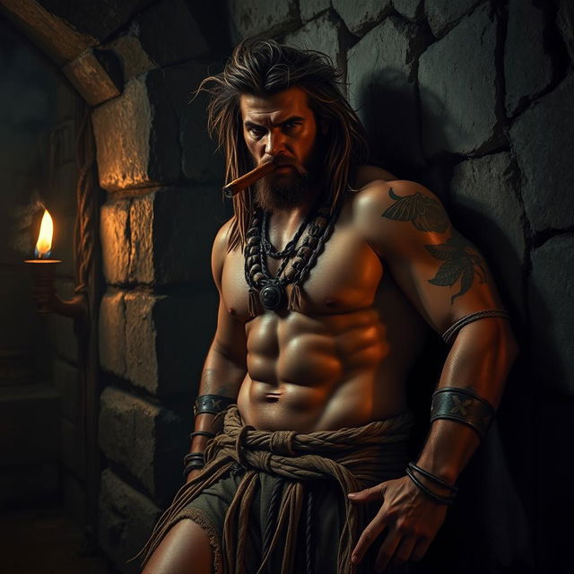 A rugged barbarian with a muscular build, leaning against a weathered stone wall, smoking a cigar