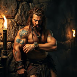 A rugged barbarian with a muscular build, leaning against a weathered stone wall, smoking a cigar