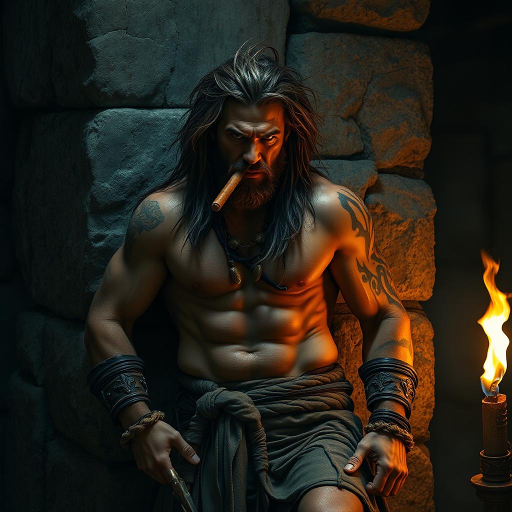 A rugged barbarian with a muscular build, leaning against a weathered stone wall, smoking a cigar