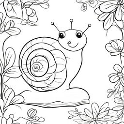 This is a charming black and white illustration, featuring a cute snail