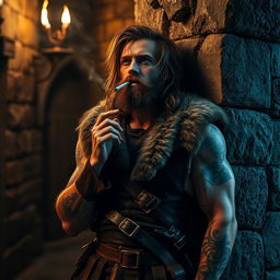 A rugged barbarian leaning against a weathered stone wall, exhaling smoke from a cigarette