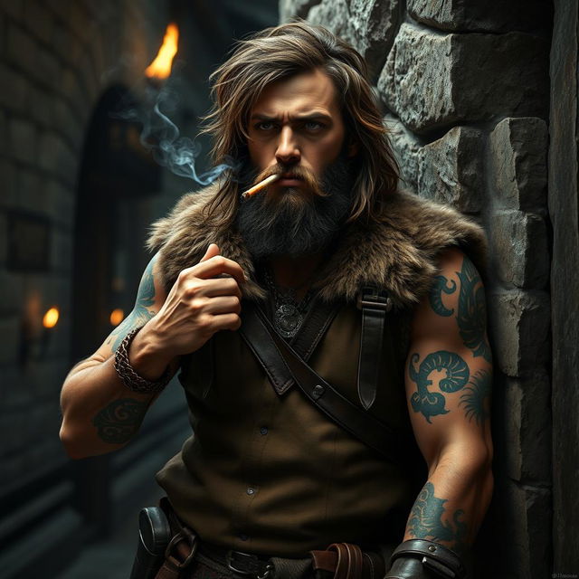 A rugged barbarian leaning against a weathered stone wall, exhaling smoke from a cigarette