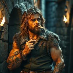 A rugged barbarian leaning against a weathered stone wall, exhaling smoke from a cigarette