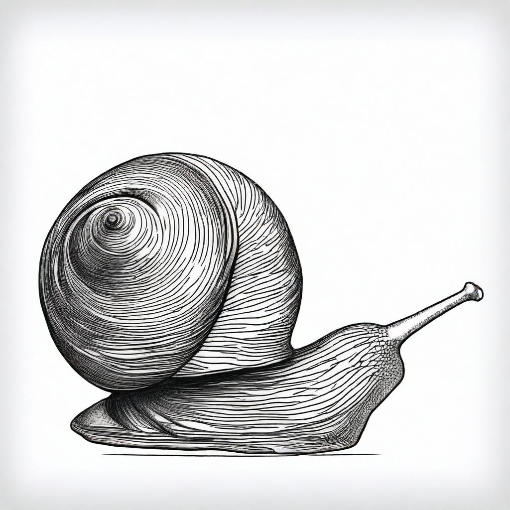 A black and white pen drawing showcasing a snail