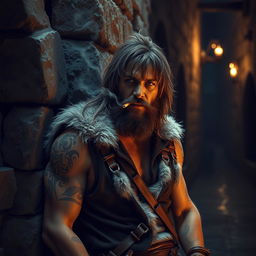 A rugged barbarian leaning against a weathered stone wall, exhaling smoke from a cigarette
