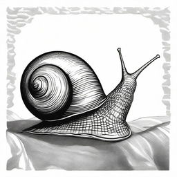 A black and white pen drawing showcasing a snail