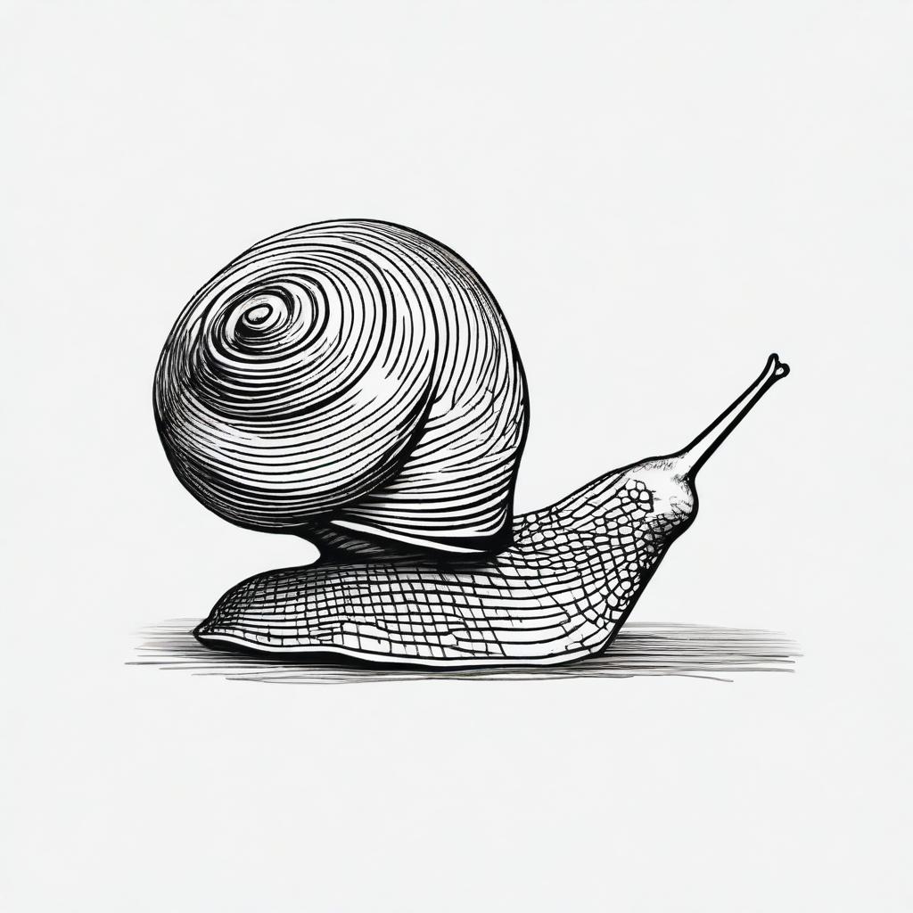 A black and white pen drawing showcasing a snail