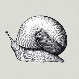 A black and white pen drawing showcasing a snail