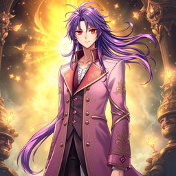 A captivating light novel cover featuring a tall male character with long, flowing purple hair and striking red eyes