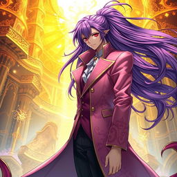 A captivating light novel cover featuring a tall male character with long, flowing purple hair and striking red eyes