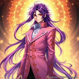 A captivating light novel cover featuring a tall male character with long, flowing purple hair and striking red eyes
