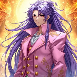 A captivating light novel cover featuring a tall male character with long, flowing purple hair and striking red eyes