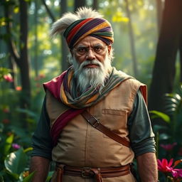 A depiction of Narendra Modi styled as a heroic character from the film Pushpa 2, wearing a rugged outfit with a traditional Indian touch, complete with a colorful shawl and an intense expression