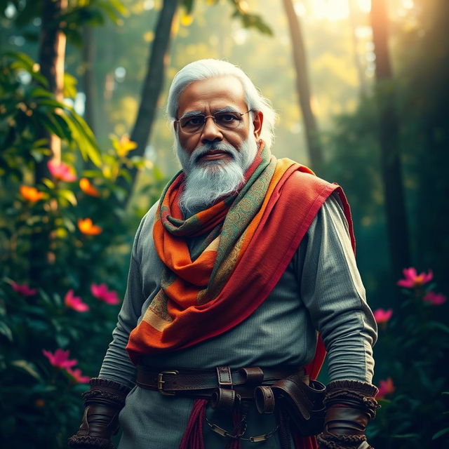 A depiction of Narendra Modi styled as a heroic character from the film Pushpa 2, wearing a rugged outfit with a traditional Indian touch, complete with a colorful shawl and an intense expression