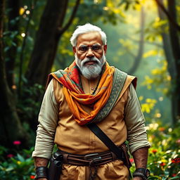 A depiction of Narendra Modi styled as a heroic character from the film Pushpa 2, wearing a rugged outfit with a traditional Indian touch, complete with a colorful shawl and an intense expression