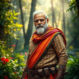 A depiction of Narendra Modi styled as a heroic character from the film Pushpa 2, wearing a rugged outfit with a traditional Indian touch, complete with a colorful shawl and an intense expression