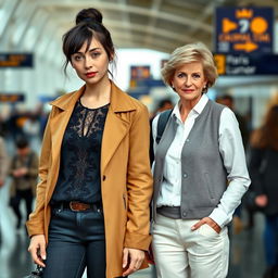 A tall, pretty woman with dark brown hair styled into a messy ponytail and bangs, wearing a stylish tan jacket over a black lace top and fitted jeans