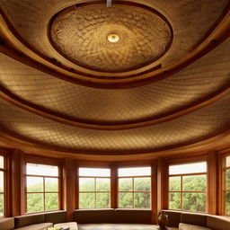 A traditionally designed art museum lounge, featuring a large bay window providing tranquil natural light and an intricate wooden khatamband ceiling.