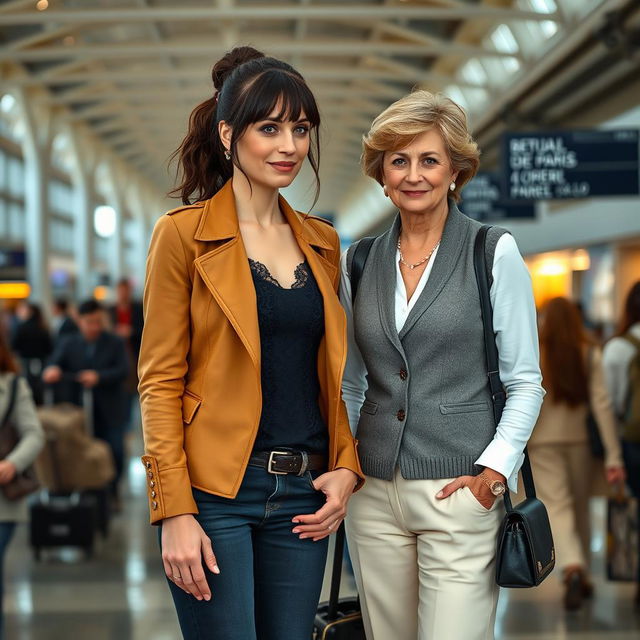 A tall, pretty woman with dark brown hair styled into a messy ponytail and bangs, wearing a stylish tan jacket over a black lace top and fitted jeans