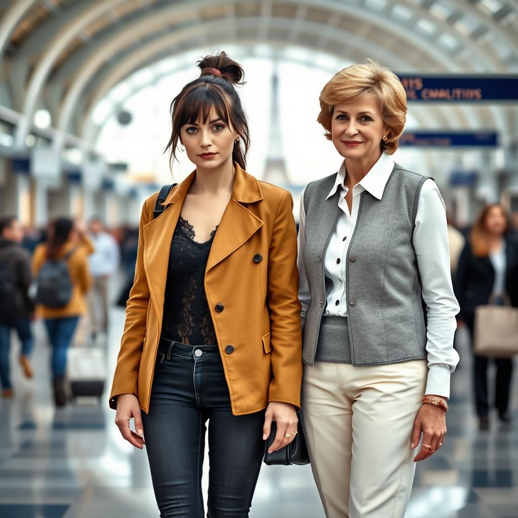 A tall, pretty woman with dark brown hair styled into a messy ponytail and bangs, wearing a stylish tan jacket over a black lace top and fitted jeans