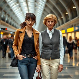 A tall, pretty woman with dark brown hair styled into a messy ponytail and bangs, wearing a stylish tan jacket over a black lace top and fitted jeans