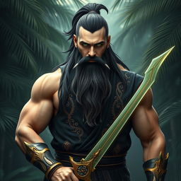 A powerful and legendary warrior standing in a mystical jungle setting, surrounded by lush palm trees