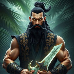 A powerful and legendary warrior standing in a mystical jungle setting, surrounded by lush palm trees