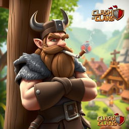 A Clash of Clans barbarian character, leaning against a wooden post while smoking a cigarette