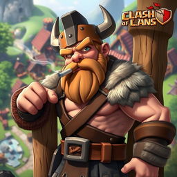 A Clash of Clans barbarian character, leaning against a wooden post while smoking a cigarette