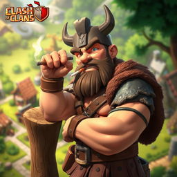 A Clash of Clans barbarian character, leaning against a wooden post while smoking a cigarette