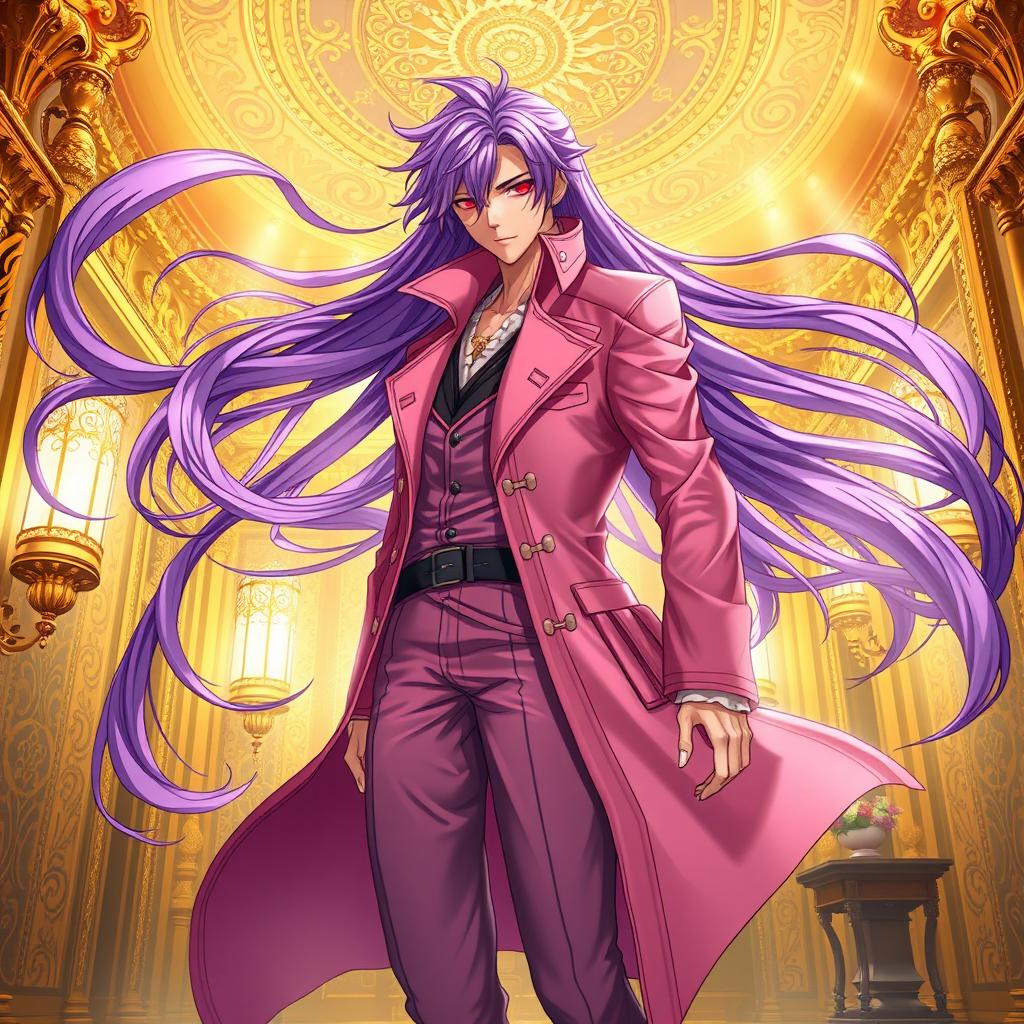 A stunning light novel cover featuring a tall male character with long, flowing purple hair and striking red eyes