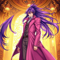 A stunning light novel cover featuring a tall male character with long, flowing purple hair and striking red eyes