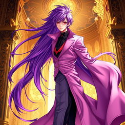 A stunning light novel cover featuring a tall male character with long, flowing purple hair and striking red eyes
