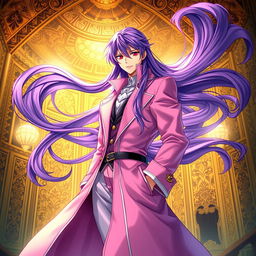 A stunning light novel cover featuring a tall male character with long, flowing purple hair and striking red eyes