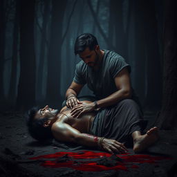 In a dark and desolate forest, Veer kneels beside his father, who is suffering from a brutal injury