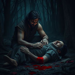 In a dark and desolate forest, Veer kneels beside his father, who is suffering from a brutal injury