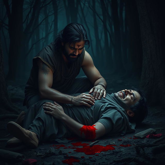 In a dark and desolate forest, Veer kneels beside his father, who is suffering from a brutal injury