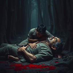 In a dark and desolate forest, Veer kneels beside his father, who is suffering from a brutal injury
